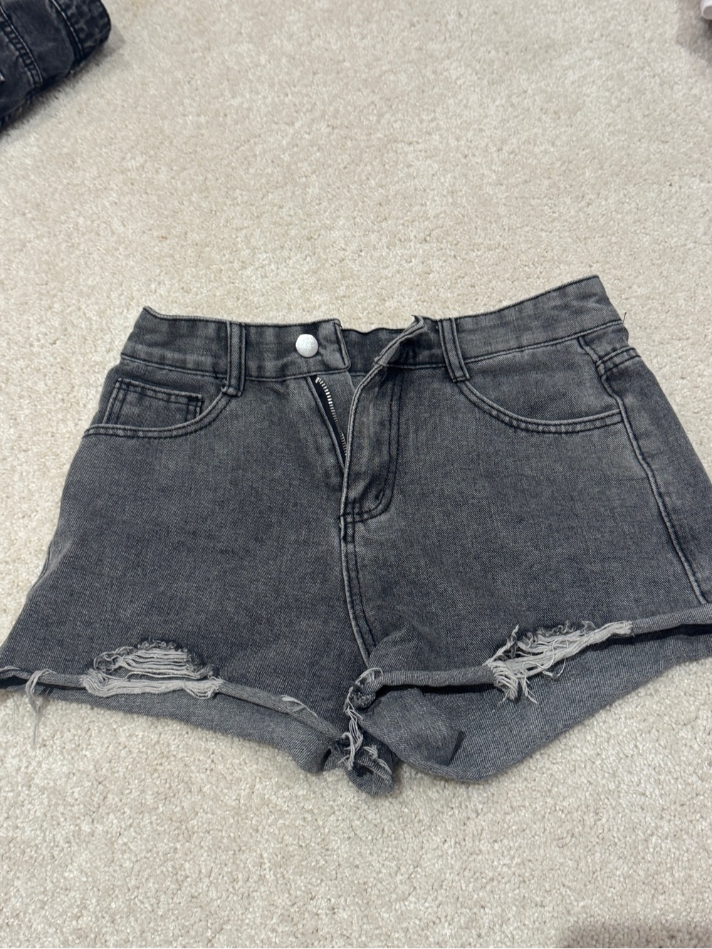 H&M Black Distressed High-Rise Denim Shorts